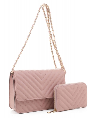 2in1 QUilted V Crossbody Bag Wallet Set CV20142 ROSETAN